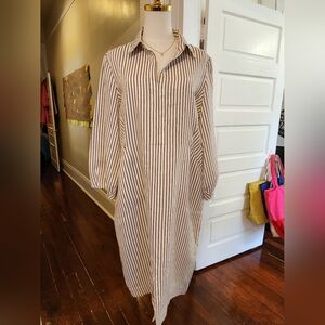 Hilton Hollis Striped Midi Shirt Dress Cream Brown Collared Long Sleeve Pockets